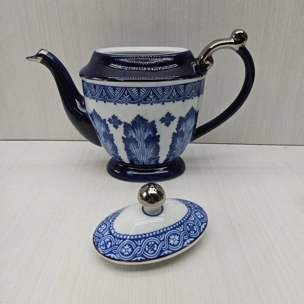 Bombay Blue White Porcelain Tea Set Teapot Sugar Creamer Silver Trim 3 Piece